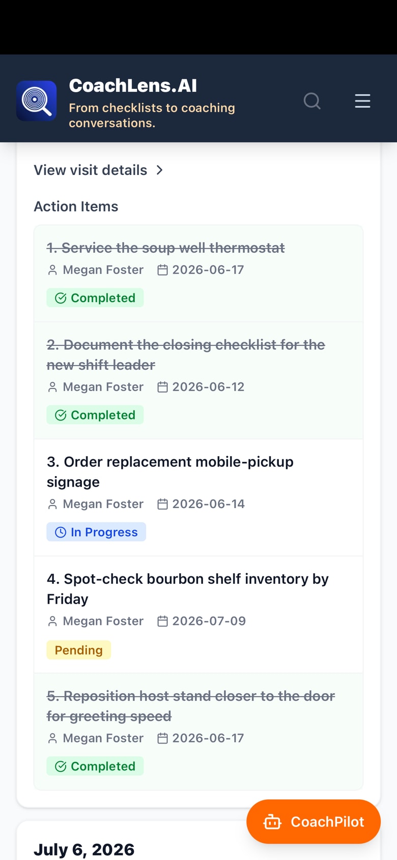 Action items from a completed visit on a phone: five owned, dated items with completed, in-progress, and pending statuses.