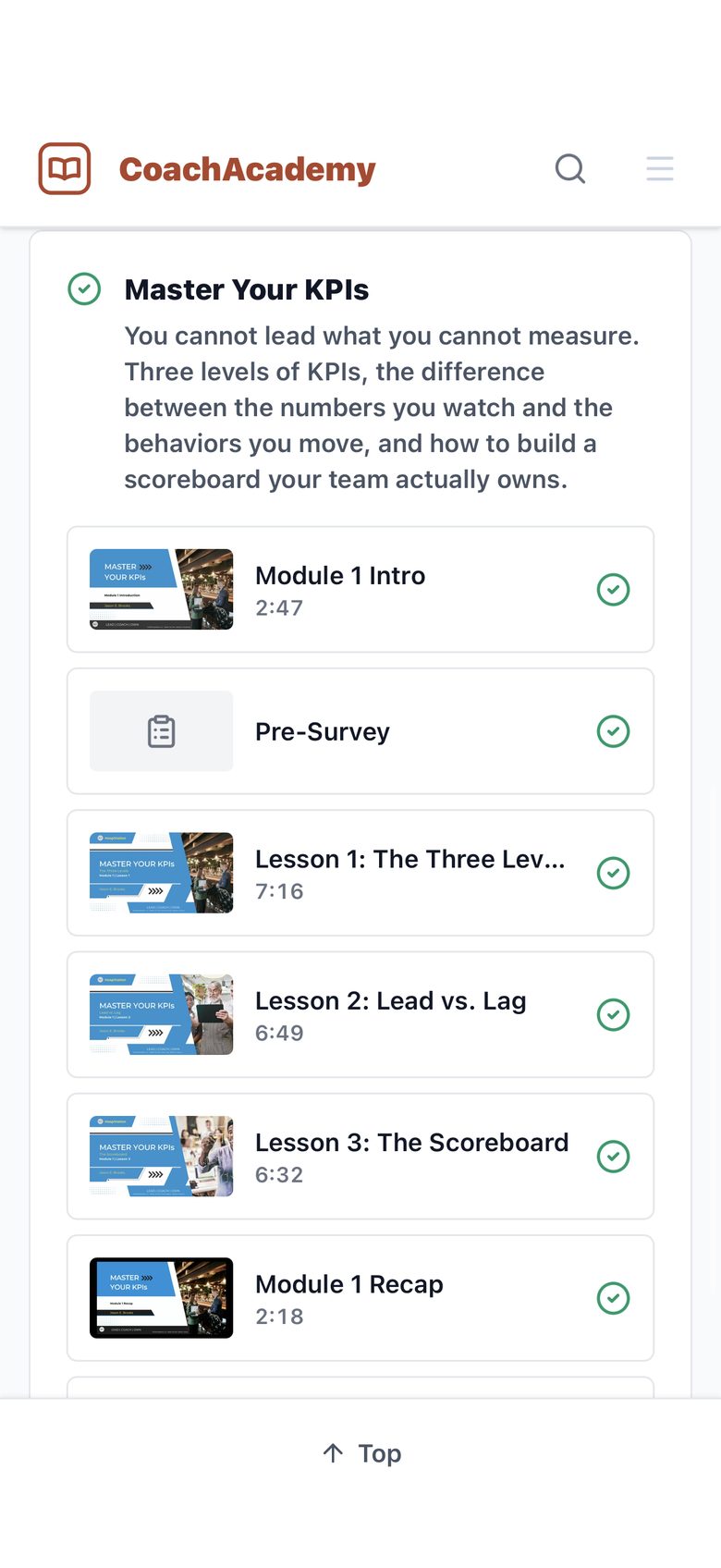 Module 1, Master Your KPIs, on a phone: Module 1 Intro, Pre-Survey, three lessons and a Module 1 Recap, each with a short running time and a green check.