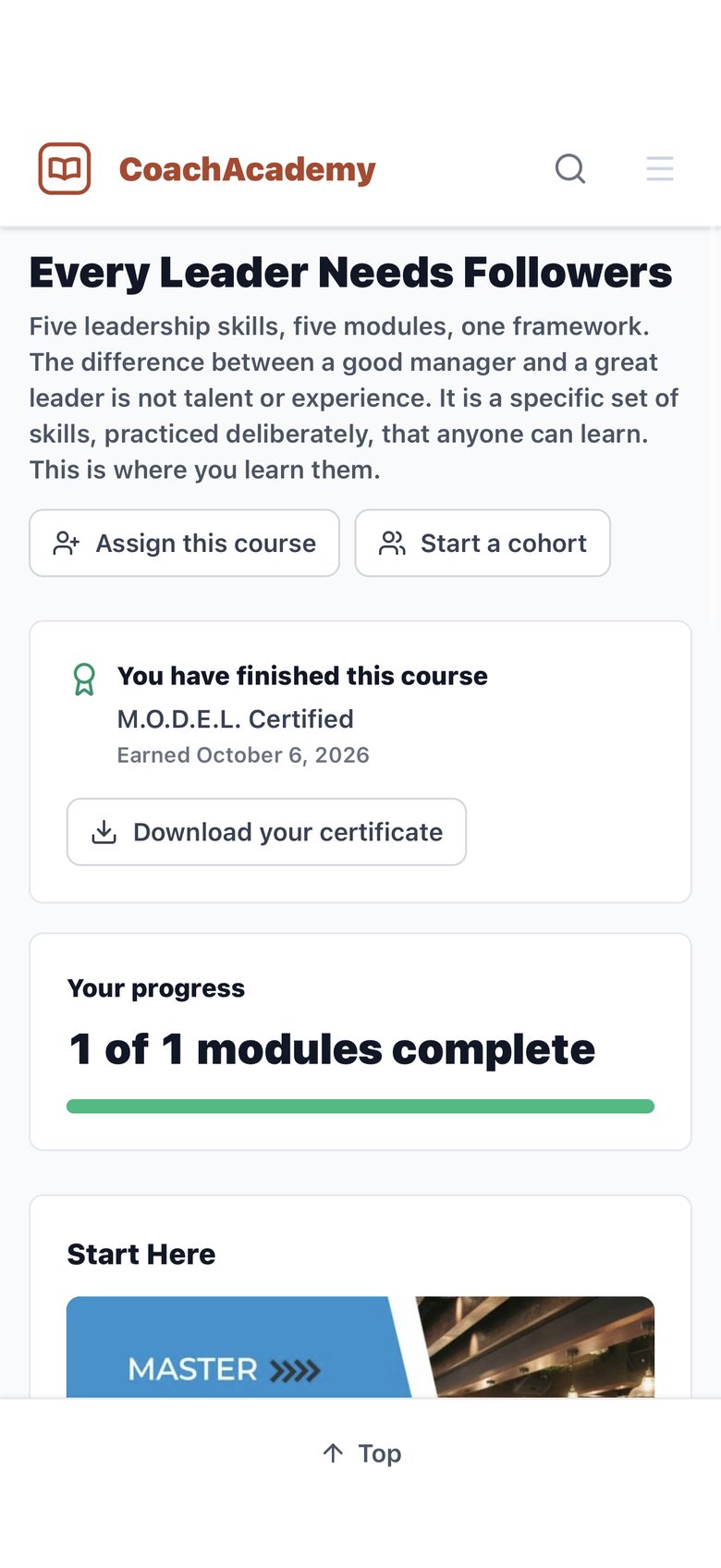 Course page on a phone after finishing: You have finished this course, M.O.D.E.L. Certified, with the date earned and a Download your certificate button.
