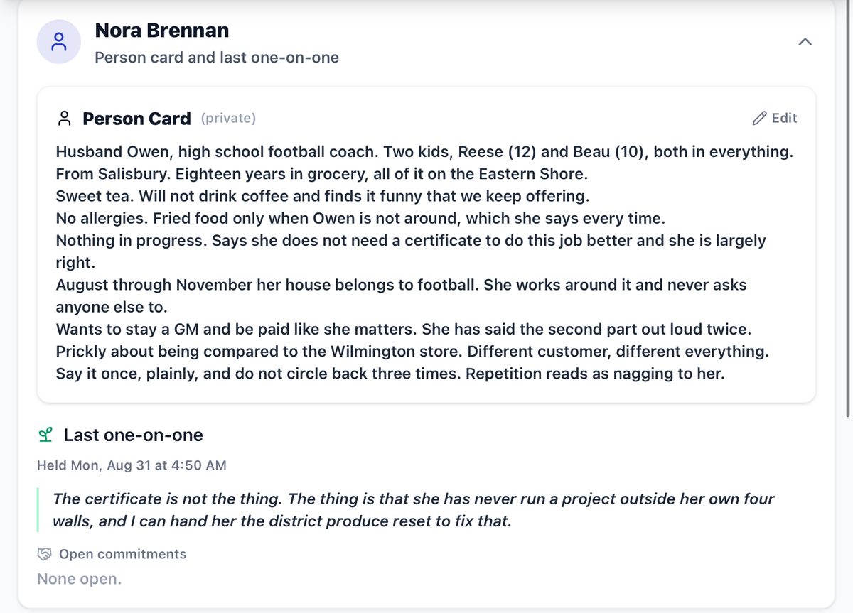 Prep for a one-on-one with Nora Brennan: a private person card about her family, her store history and how she likes feedback, and a quote from the last one-on-one.
