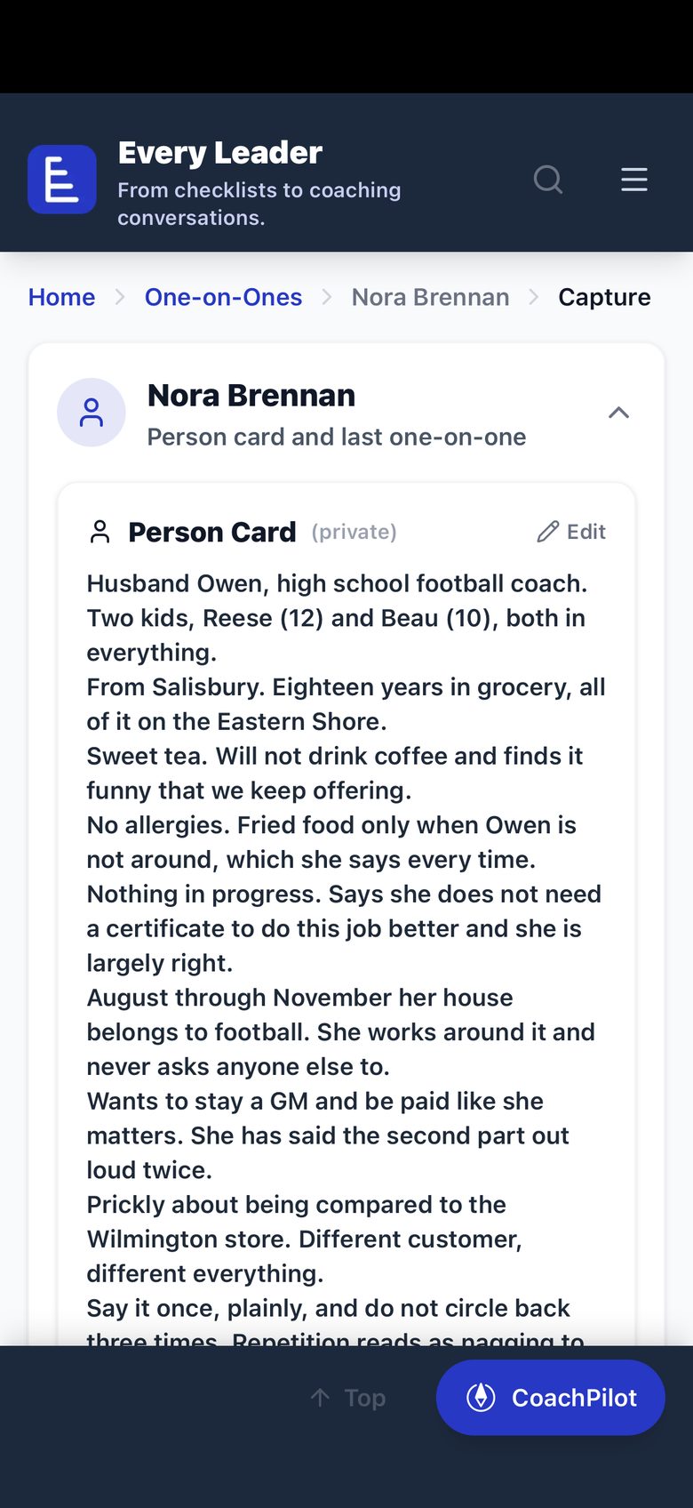 The person card for Nora Brennan on a phone, marked private, with an Edit link.