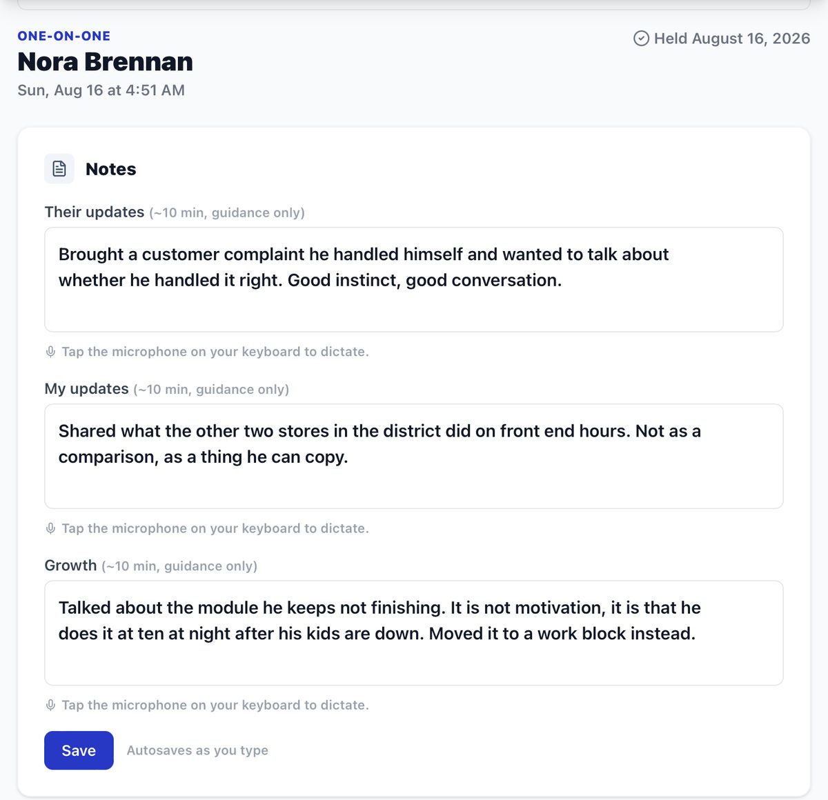 Notes from a held one-on-one in three boxes: their updates, my updates and growth, with a Save button and the words Autosaves as you type.