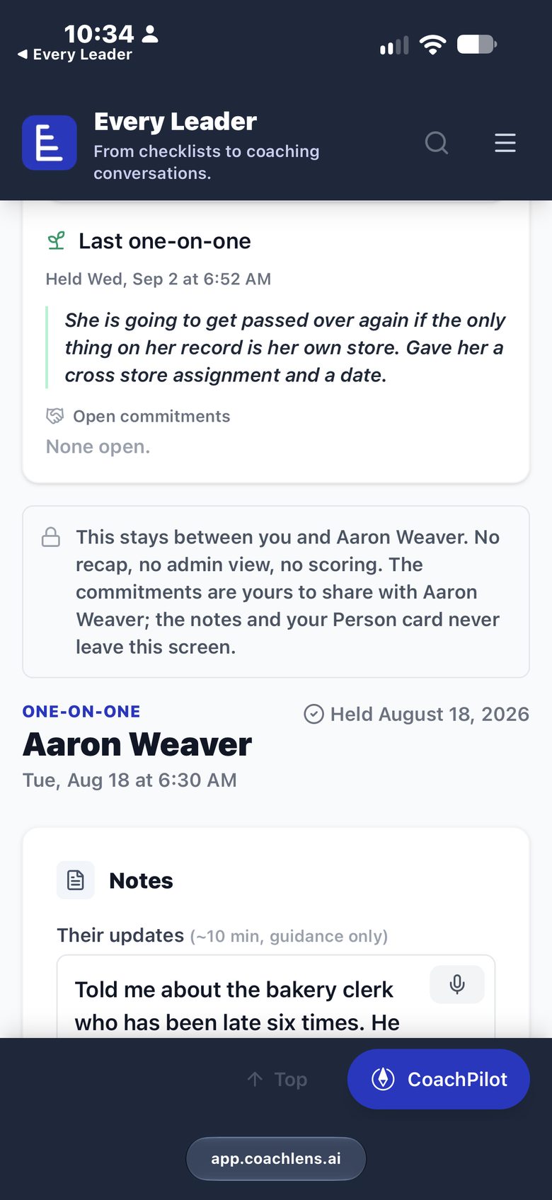 A held one-on-one with Aaron Weaver on a phone: the last one-on-one quote, the privacy note and the start of the notes.