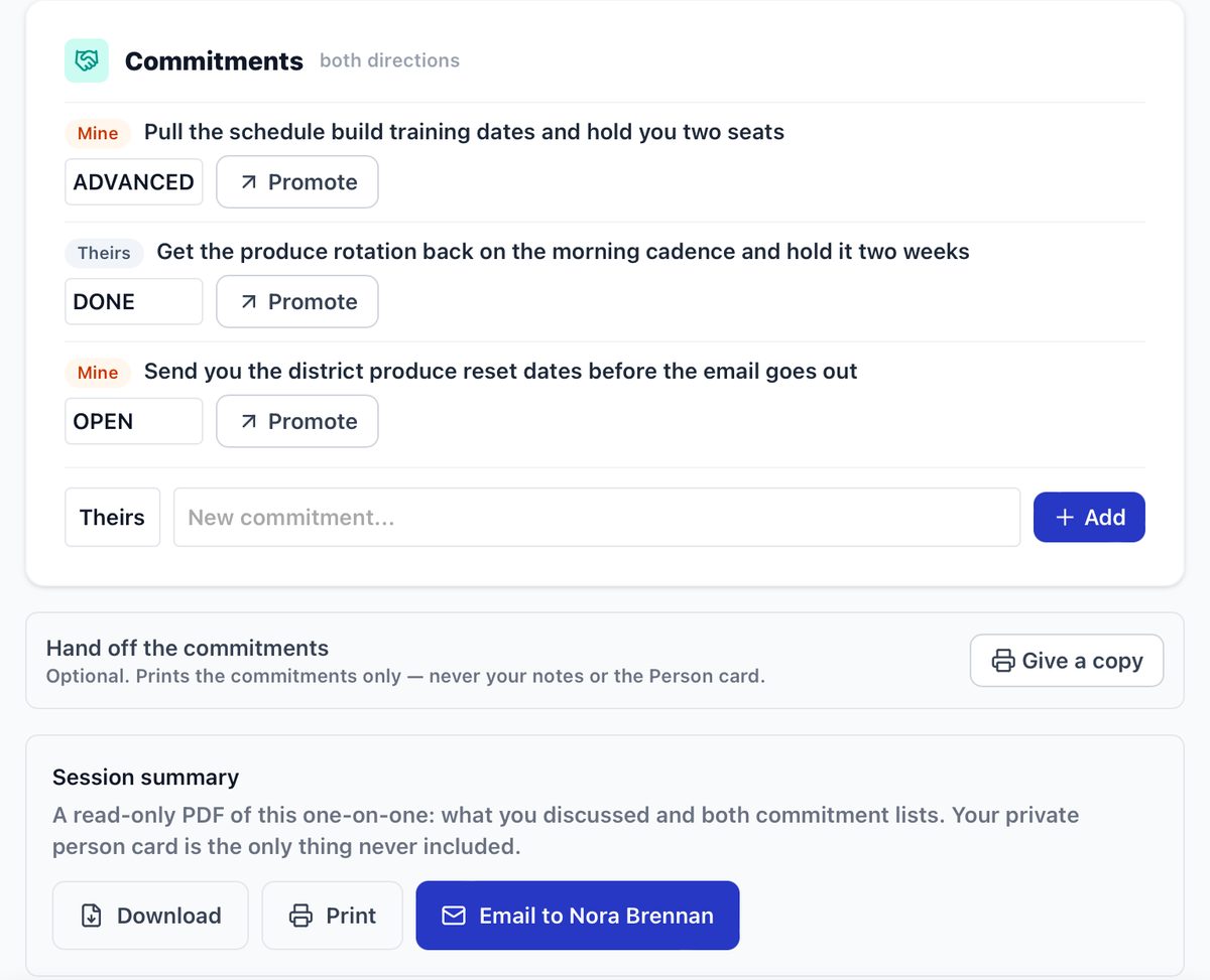 Commitments marked Mine and Theirs with Advanced, Done and Open status, a Give a copy button, and a session summary with Download, Print and Email to Nora Brennan.