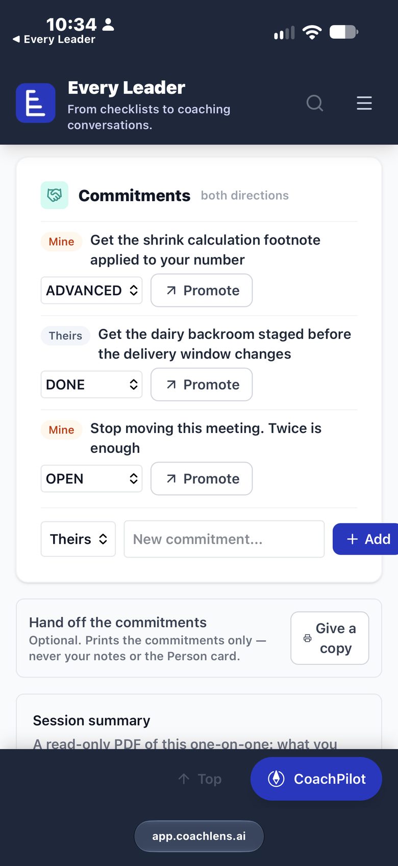 Three commitments on a phone, two marked Mine and one Theirs, with status menus set to Advanced, Done and Open.