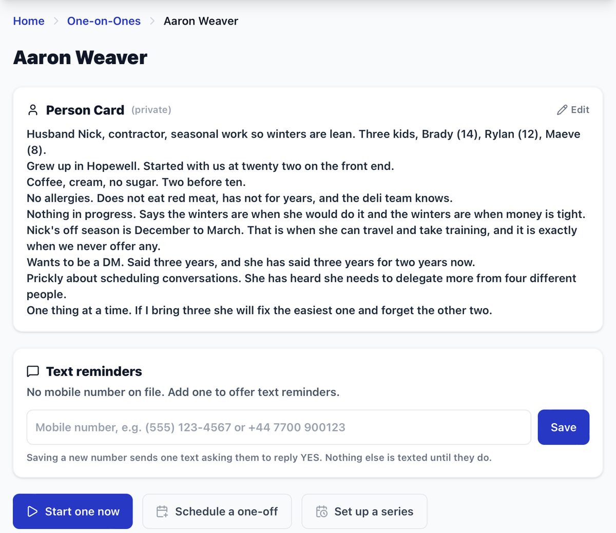 Aaron Weaver page: a private person card, a text reminders box for a mobile number, and buttons for Start one now, Schedule a one-off and Set up a series.