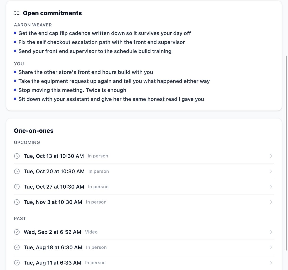 Open commitments for Aaron Weaver and for you, then a list of upcoming and past one-on-ones with dates and whether each is in person or by video.