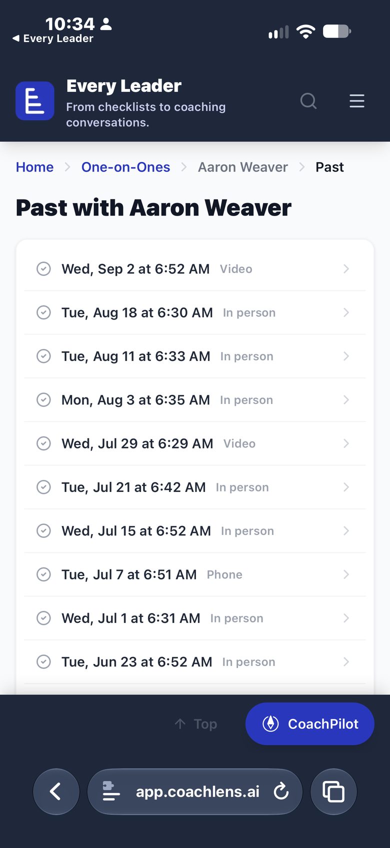 Past one-on-ones with Aaron Weaver on a phone, each with a date and whether it was in person, by video or by phone.